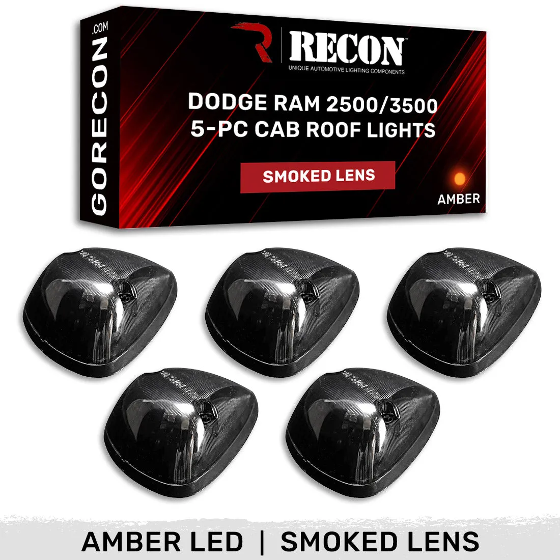 Dodge 94-98 5-Piece Set Smoked Cab Roof Light Lens with Amber 194 Bulbs - Complete Kit With Wiring and Hardware product image