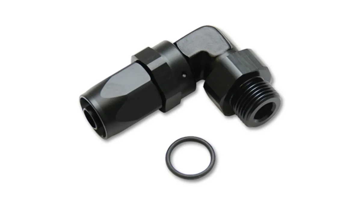 90 Degree Hose End Fitting; -8AN Hose Size; -6 ORB Male Thread Size; 9/16-18 in. Thread; 6061 Aluminum; Black Anodized; w/O-Ring; product image
