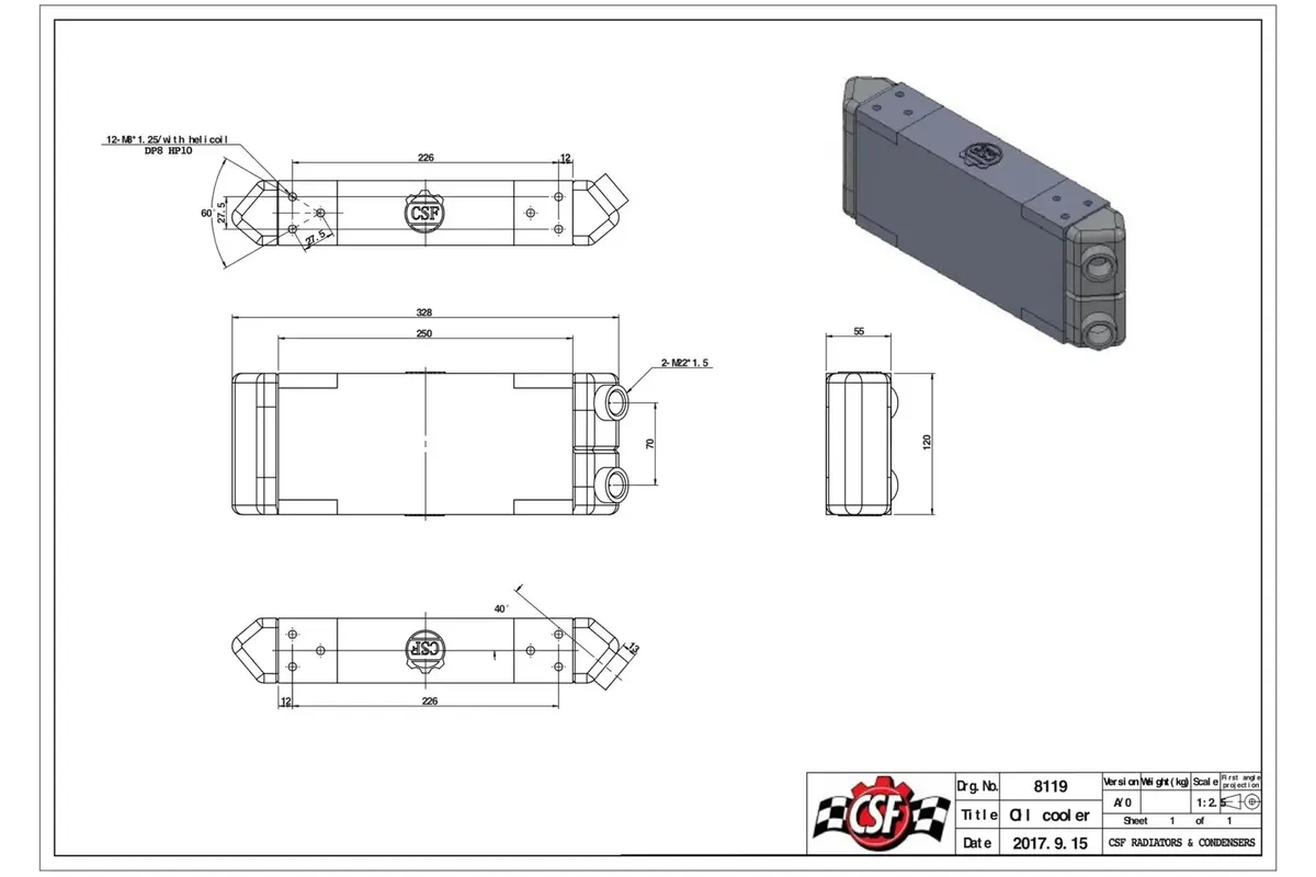 CSF Cooling - Racing & High Performance Division 8119 Universal Dual-Pass Oil Cooler - M22 x 1.5 connections - 13L x 4.75H x 2.16W product image