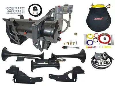 Kleinn Automotive Accessories Onboard Air System w/Horns; Includes Triple Black Horns PN[730]/ 150/200 PSI Air Compressor PN[6450RC]/ 3.0 Gallon Air Tank PN[6350RT];