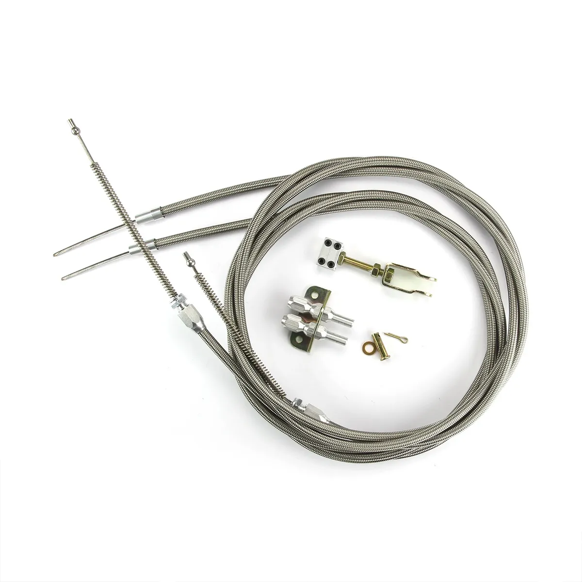 Emergency Brake Cables; Universal; Incl. Two U-Cut-To-Fit 8 ft. Outer Housings/Mounting Bracket/Adjusters/Aluminum Fittings/Ferrule; Stainless Steel Housing; product image