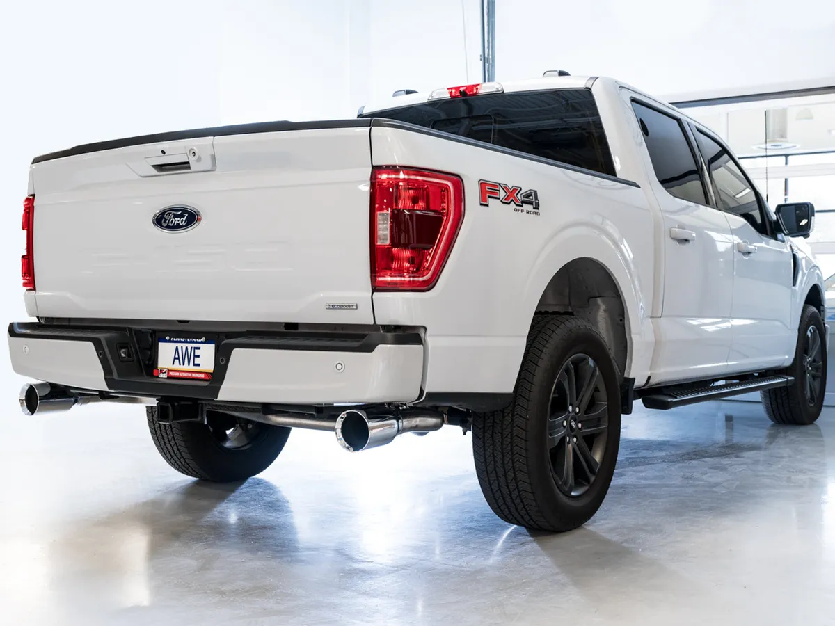 AWE 0FG Dual Split Rear Exhaust for '21+ Ford F-150 - 5" Diamond Black Tips product image