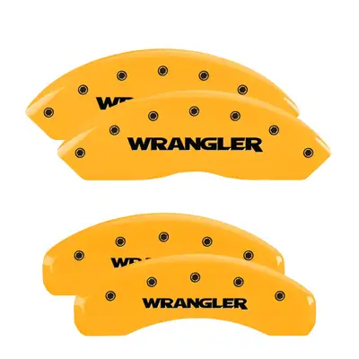 MGP Caliper Covers Set Of 4 Caliper Covers Engraved Front And Rear Wrangler Yellow Finish Black Characters 2018-2024 Jeep Wrangler MGP Caliper Covers