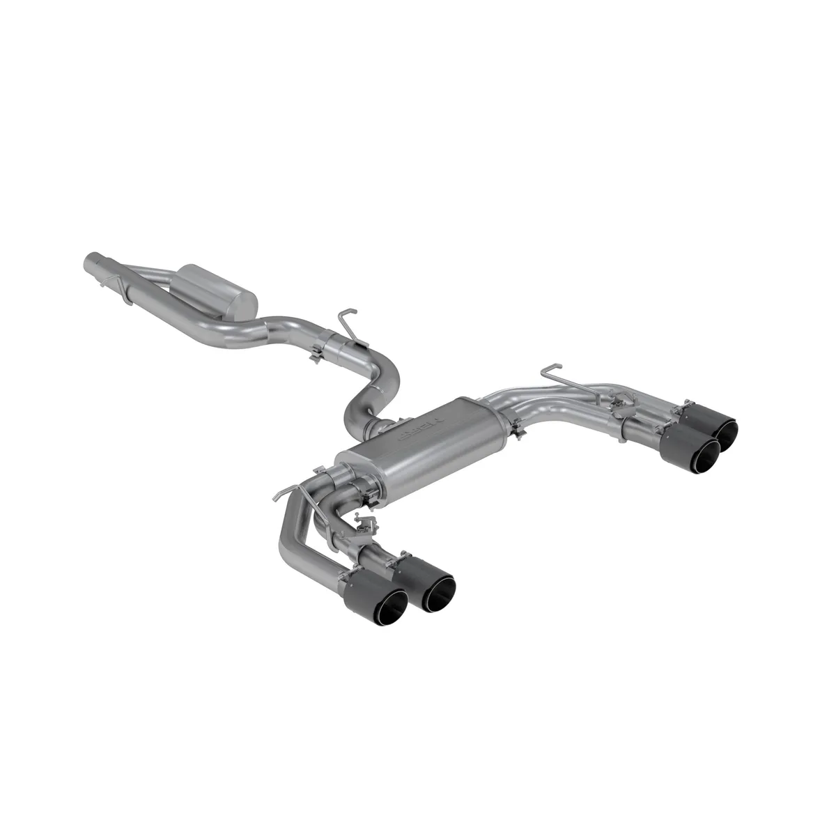 Armor Pro Cat Back Exhaust System; 3 in.; Quad Split Rear Exit; 4 in. Carbon Fiber Tips; w/Active Exhaust; 304 Stainless Steel; product image