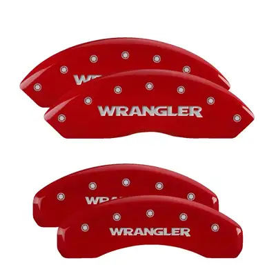 MGP Caliper Covers Set Of 4 Caliper Covers Engraved Front And Rear Wrangler Red Finish Silver Characters 2007-2018 Jeep Wrangler MGP Caliper Covers