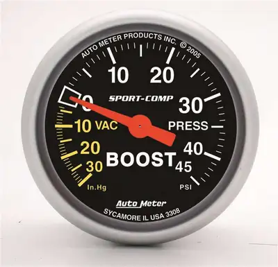 AutoMeter Gauge, Vac/Boost, 2 1/16", 30inHg-45psi, Mechanical, Sport-Comp