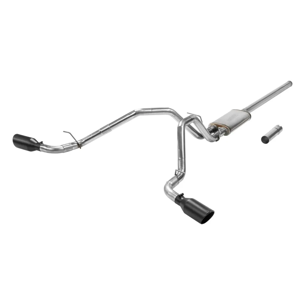 09-13 GM SilveradoSierra 12 Ton 5.3L WFlex Fuel Extended Cab and Crew Cab Only 24 Wheel Drive Cat-back 2.50 Tailpipes FlowFX Series Muffler 4.50 Black Ceramic Logo Embossed Stainless Tips FlowFX DOS Mandrel Bent Tubing 409S Stainless Ste product image