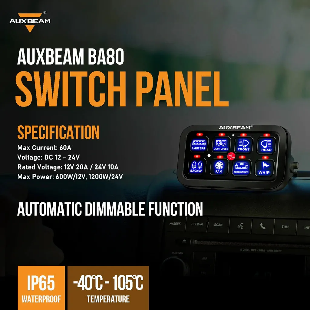 AuxBeam 8 Gang LED Switch Panel Kit BA80 Automatic Dimmable Universal(One-Sided Outlet) Blue product image