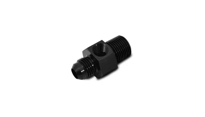 Male an to Male Npt Union Adapter Fitting; -8an; 0.25 In. Male Npt; 6061 Aluminum; Black Anodized; W/0.125 In. Npt Port; Flare; product image