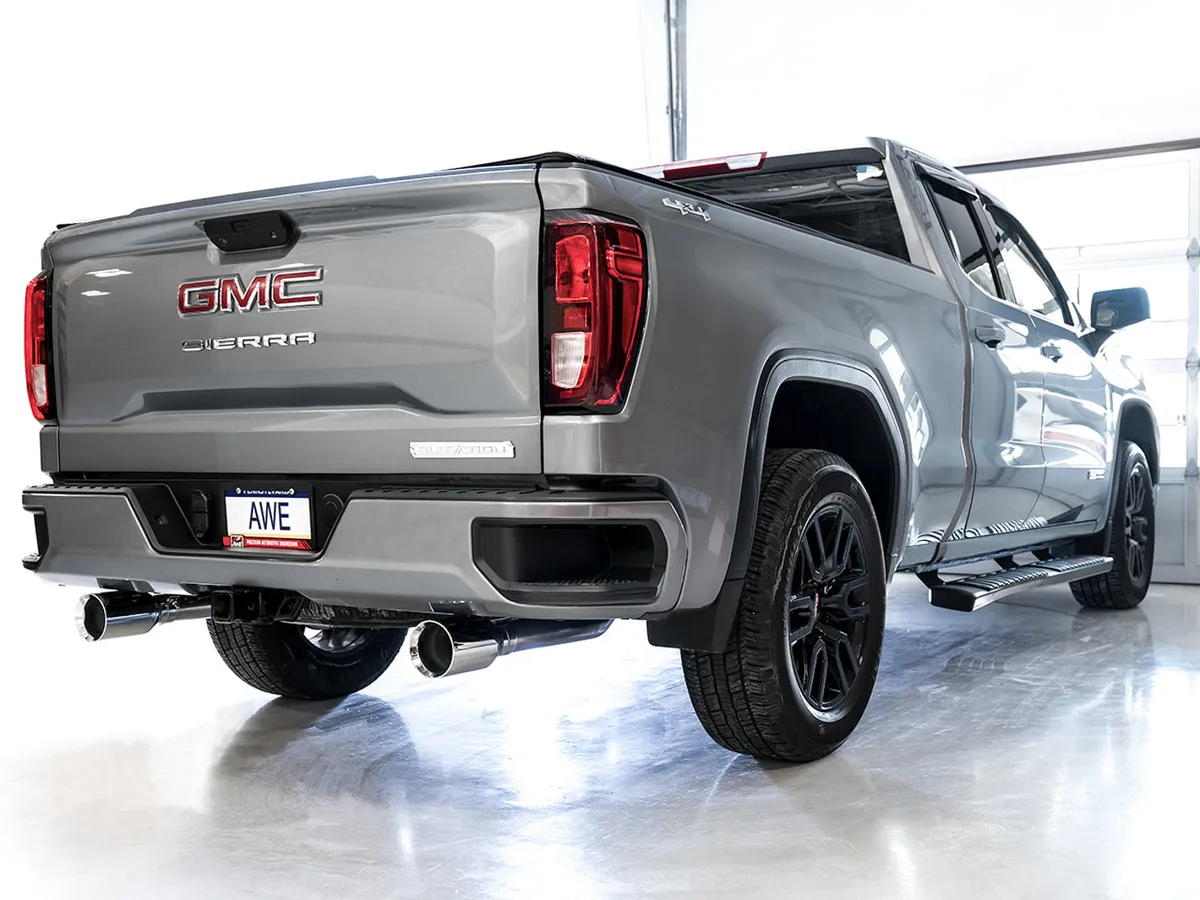 AWE 0FG Catback Split Rear Exit Exhaust for 4th Gen Silverado/Sierra 1500 5.3L (With Bumper Cutouts) - Quad Chrome Silver Tips product image