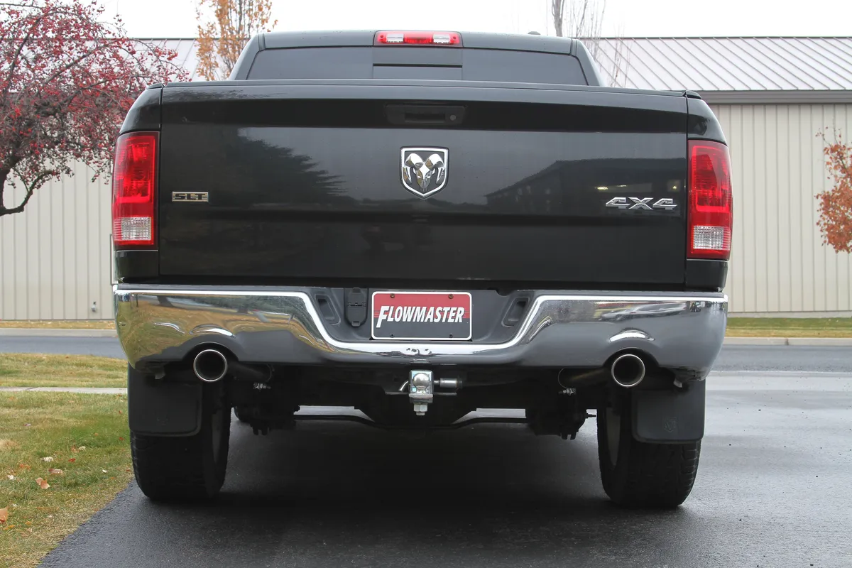 09-13 Dodge Ram 1500 5.7L Hemi Magnum 2/4 Wheel Drive All Wheelbases 2.50in Outlets 50 Series H.D. Muffler 4.00in Logo Embossed Stainless Tips American Thunder; Incl Tube Extensions For Dual Rear Exit In Kit Mandrel Bent Tubing 16 Gauge 409S Stai product image