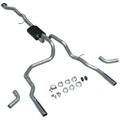 Flowmaster 99-06 Chev. / GMC Truck 1/2Ton 4.8L / 5.3L (W/Single Flanged Cat) 2/4 Wheel Drive Ext.Cab / Short Bed 143.5in WB Super 40 Series Muffler 2.50in Outlets 3.00 Rolled Edge Logo Embossed Stainless Tips American Thunder Incl. Tube Extensions For DO