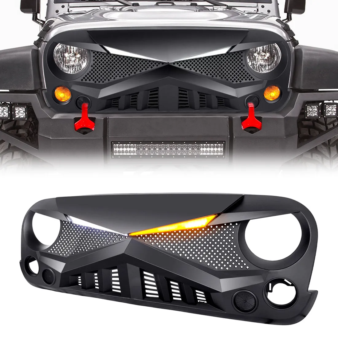 Hawke Grille W/ DRL Turn Signal Lights - Matte Black For 07-18 Jeep Wrangler JK product image