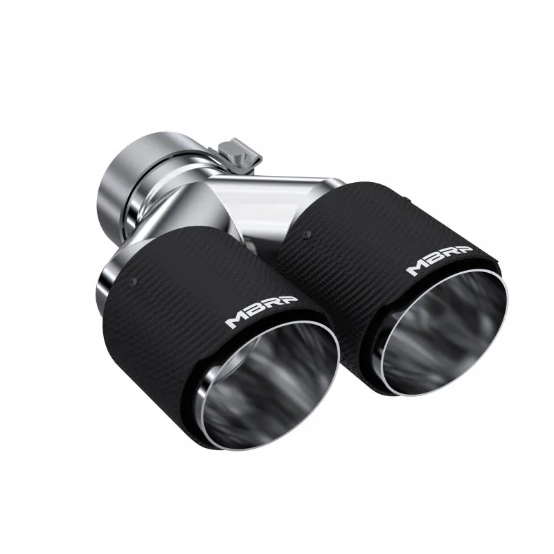 Carbon Fiber Exhaust Tip; 3 in. Inlet Diameter; 4 in. Outlet Diameter; Right Tip 9.87 in. Length; Left Tip 9.37 in. Length; Dual Out; Carbon Fiber Finish; product image