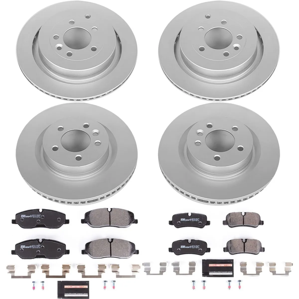 Euro-Stop Kit: Genuine Geomet Fully Coated Rotors; Ece-R90 Certified Pads W/Hardware; Pad Sensors product image