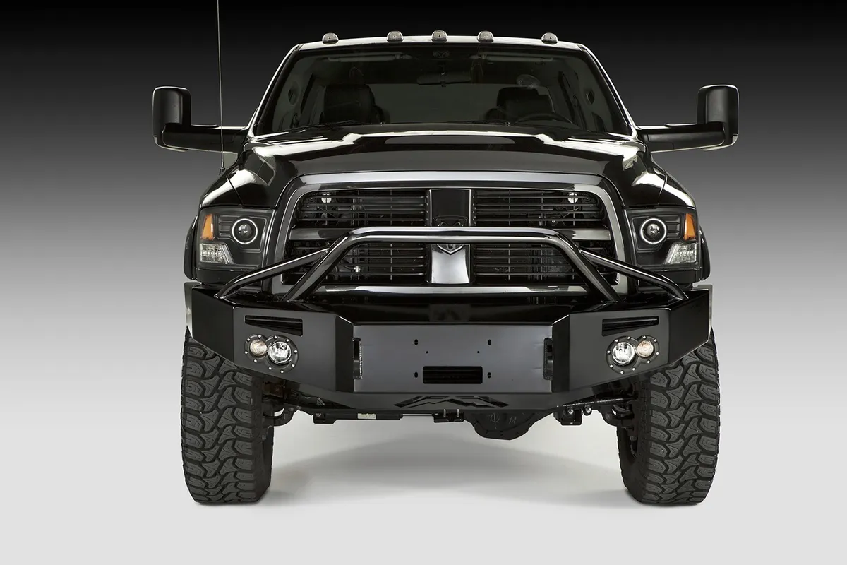 Premium Heavy Duty Winch Front Bumper; 2 Stage Black Powder Coated; w/Pre-Runner Grill Guard; Incl. 1in. D-Ring Mt./Light Cut-Out w/Fab Four 90mm Fog Lamp/60mm Turn Signal; product image
