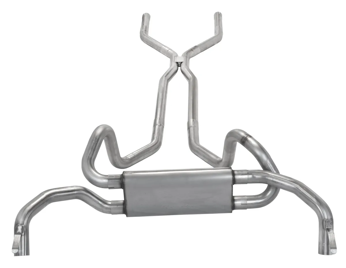 Crossmember Back Crossflow System w/H-Pipe Exhaust System 67-74 Split Rear Dual Exit 2.5 in Intermediate And Tail Pipe Race Pro Mufflers/Hardware Incl Tip Not Incl Natural 409 Stainless Steel Pypes Exhaust product image