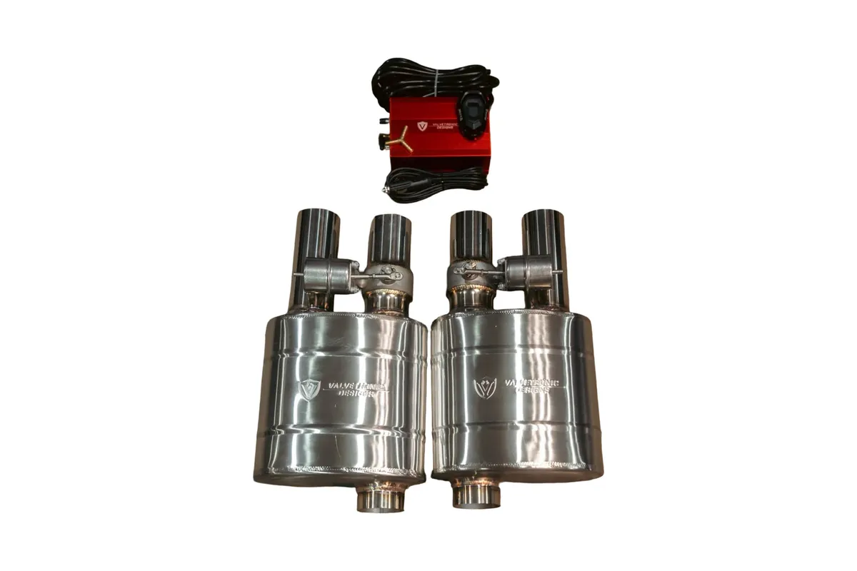Universal Muffler Kit, Single Inlet Dual Outlet, 63MM 2.5 Inch 2 Mufflers Valvetronic Designs product image