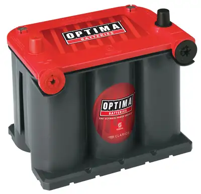 OPTIMA RedTop® Battery; UNBOXED; Group 75/25; Cold Crank Amps 720; Crank Amps 910; Reserve Capacity 90; Ampere Hour 44; Dual Terminal; L-9 5/16 in.; W-6 13/16 in.; H-7 5/8 in.;