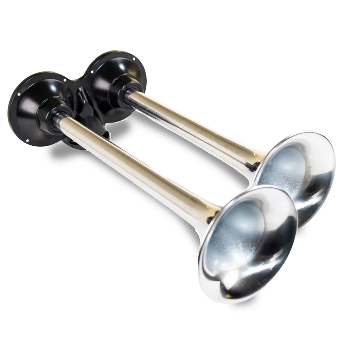 Roof Mount Dual Horn; 13.5 in. / 11.25 in. Trumpets; Chrome Plated Spun Copper; [Available While Supplies Last]; product image