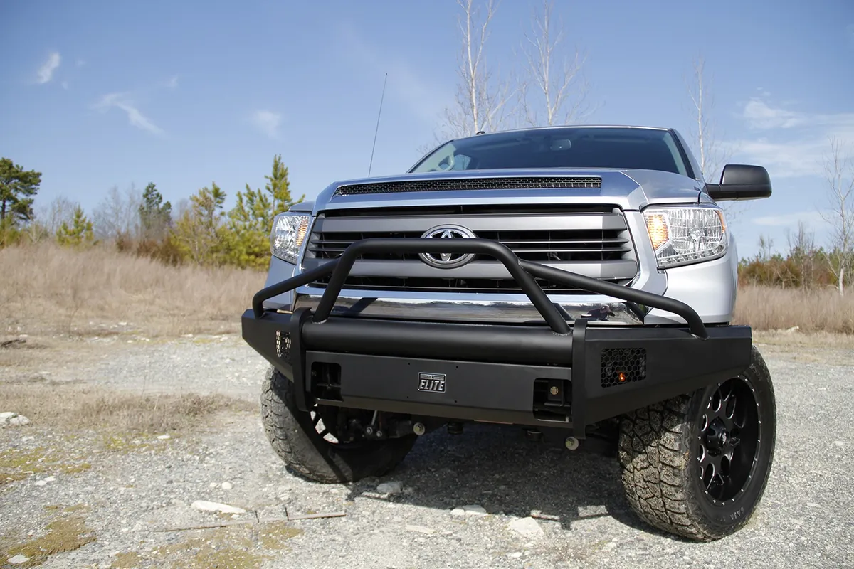 Elite Front Bumper; 2 Stage Black Powder Coated; w/Pre-Runner Grill Guard And Tow Hooks; product image