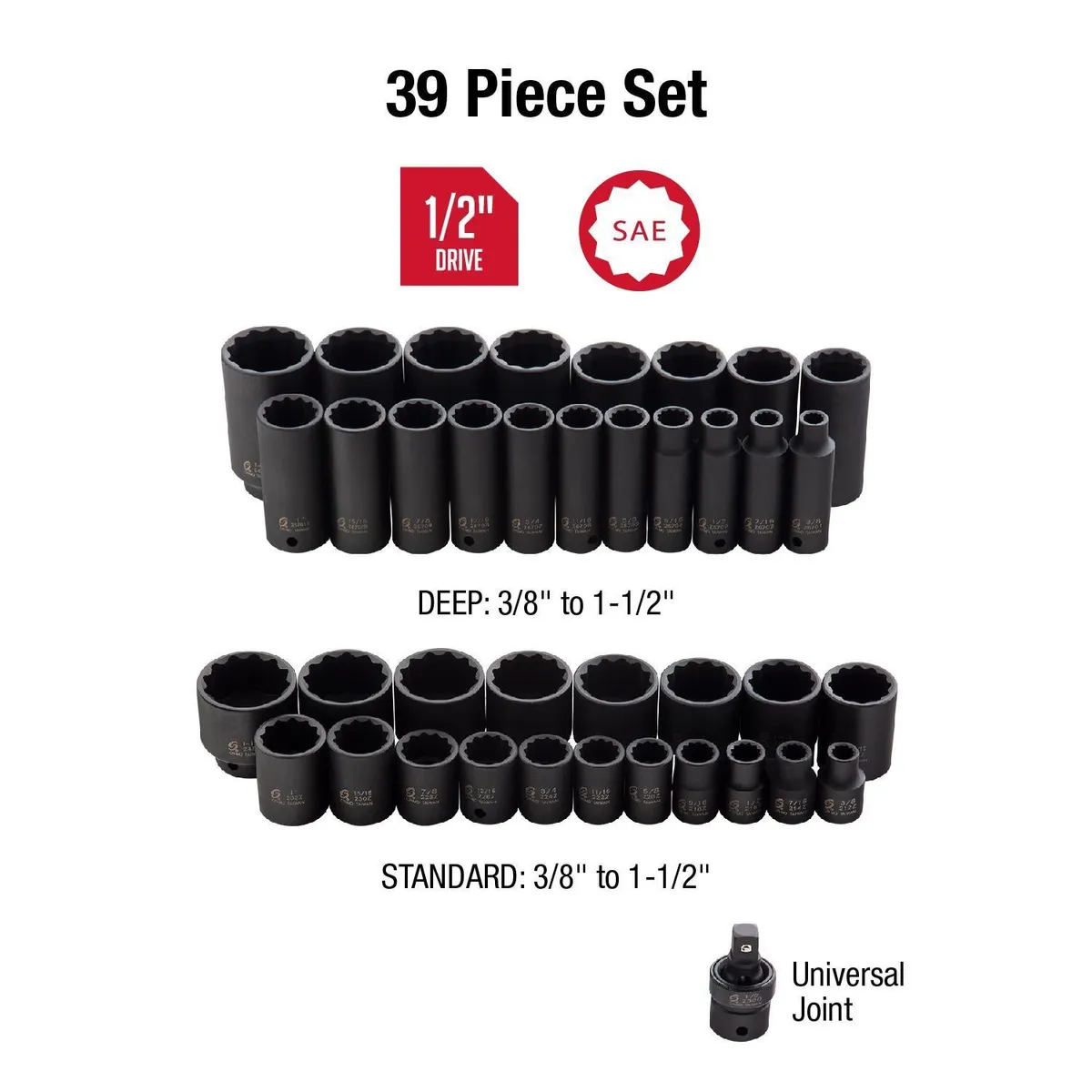 1/2" Drive SAE 12 Point Standard & Deep 39-Piece Master Impact Socket Set product image