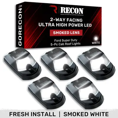 Recon Accessories Ford 17-23 Superduty 5-Piece Set Smoked Cab Roof Light Lens With 2-Way Forward Rear Facing White Ultra High-Power Leds - Attn This Cab Light Set is For a Fresh Install on a Truck That Did Not Come With OEM Cab Roof Lights no Square Hole Required - o