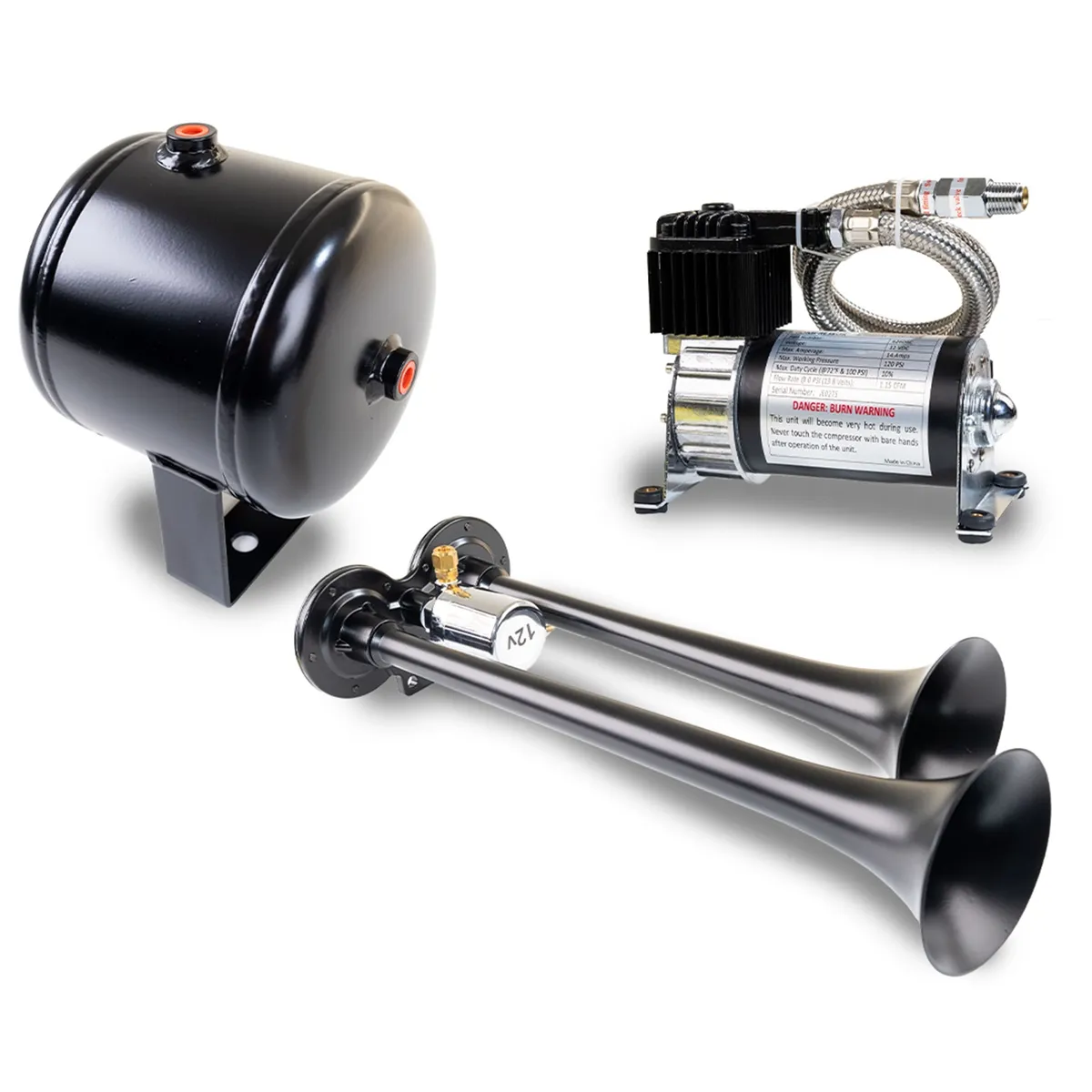 Pro Blaster™ Dual Horn Kit; Black; Includes Horns PN[102-1]/ 120 PSI Air Compressor PN[6260RC]/ 0.5 Gallon Air Tank PN[6260RT]; product image