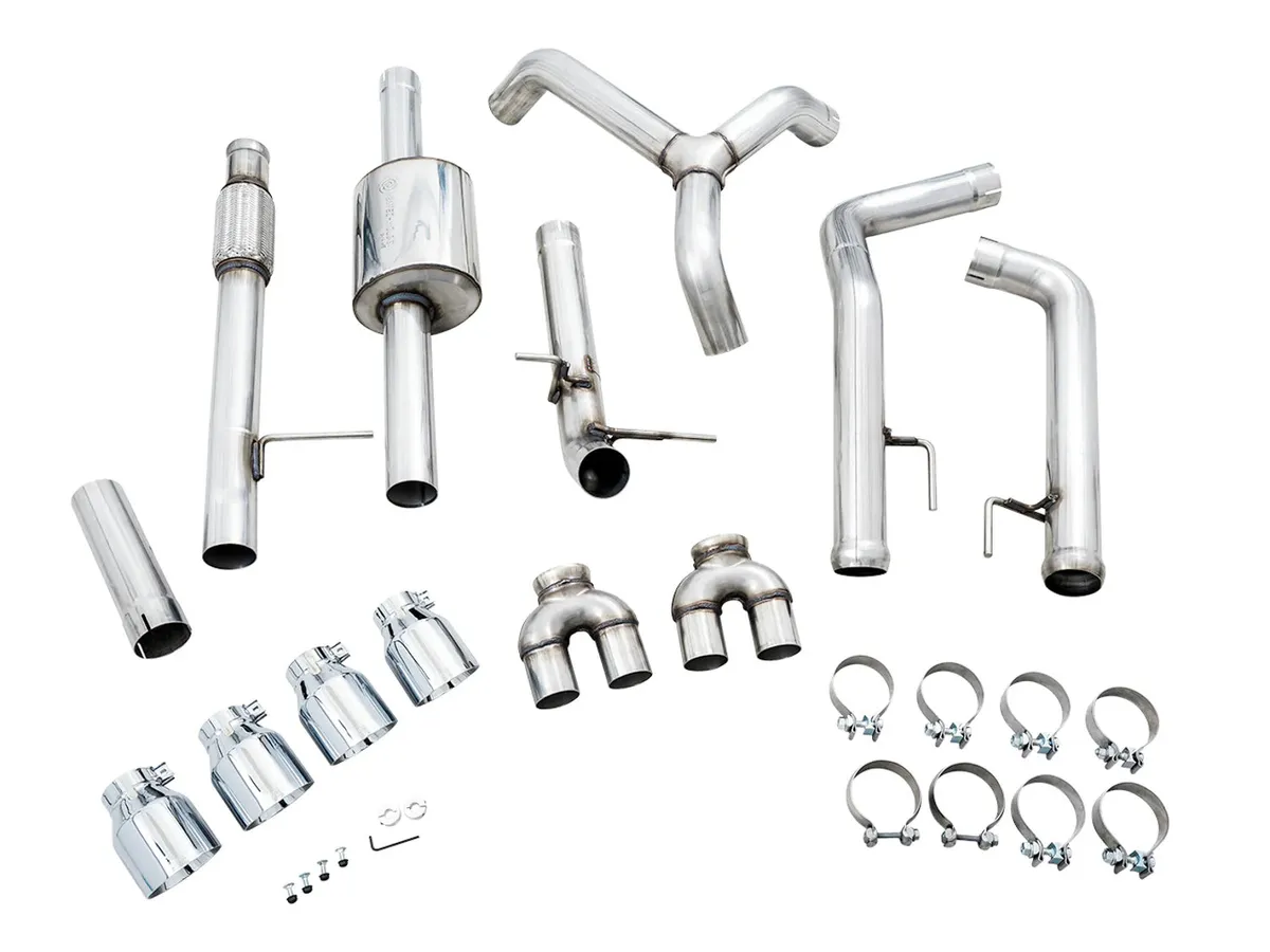 AWE 0FG Catback Split Rear Exit Exhaust for 4th Gen Silverado/Sierra 1500 5.3L (With Bumper Cutouts) - Quad Diamond Black Tips product image
